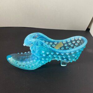 Vintage Fenton Hobnail Opalescent Aqua Cat Head Glass Slipper Shoe With …